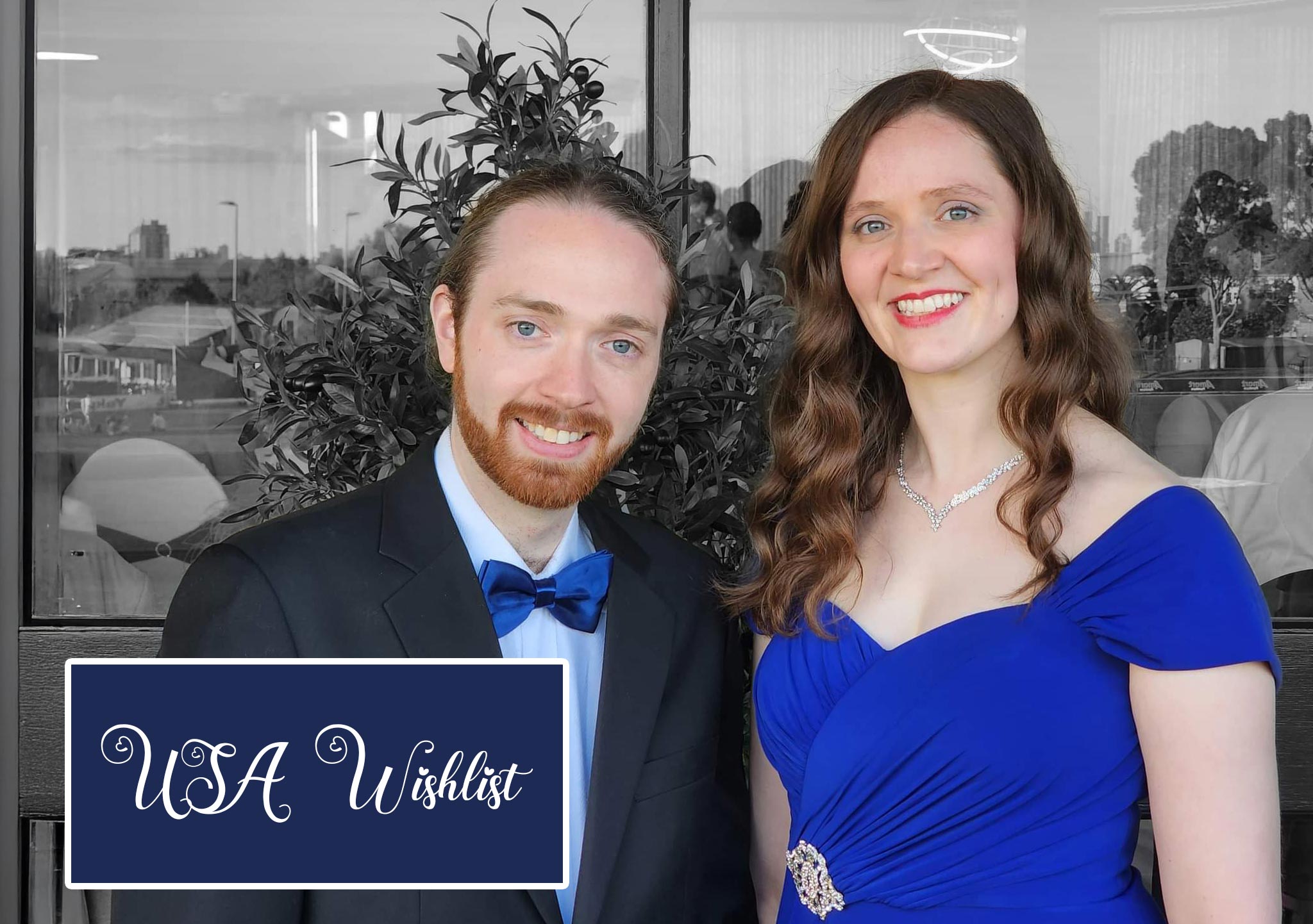A photograph of Megan and Adam smiling at the Camera from Fi and Giles' wedding reception